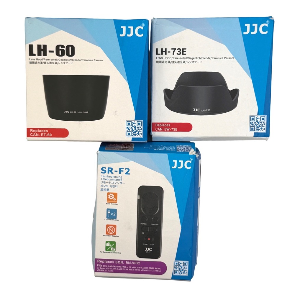 JJC Camera Accessory Lot LH-60 LH-73E Lens Hoods and SR-F2 Remote for Canon Sony
